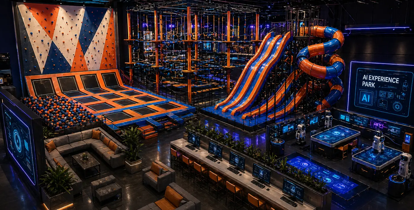 AI Experience Park concept rendering showing an indoor family entertainment center with AI-powered zones