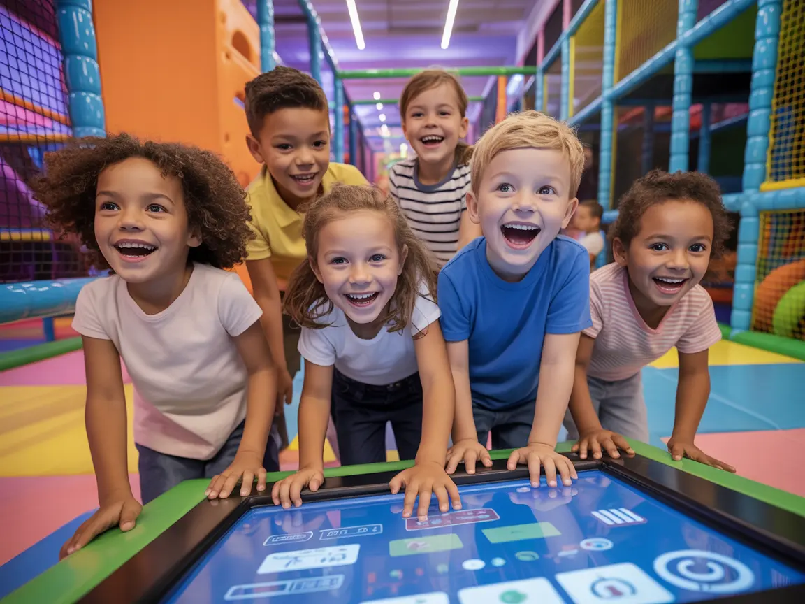 Happy kids in bright futuristic play space