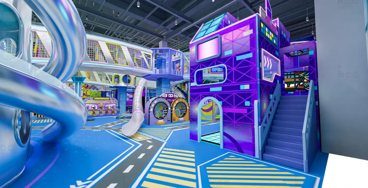 Futuristic play zones with slides and tech structures